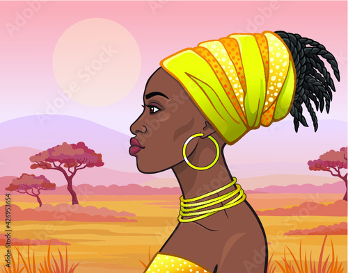 Animation portrait of the young beautiful African woman in ancient clothes and jewelry. Profile view. Color drawing.  Background - a landscape the savanna. Vector illustration. 