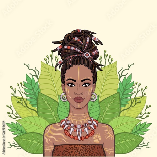 Animation portrait of the beautiful black woman, wreath of tropical leaves. Amazon, warrior, princess. Color drawing. Vector illustration isolated on a beige background. Print, poster, t-shirt, card.