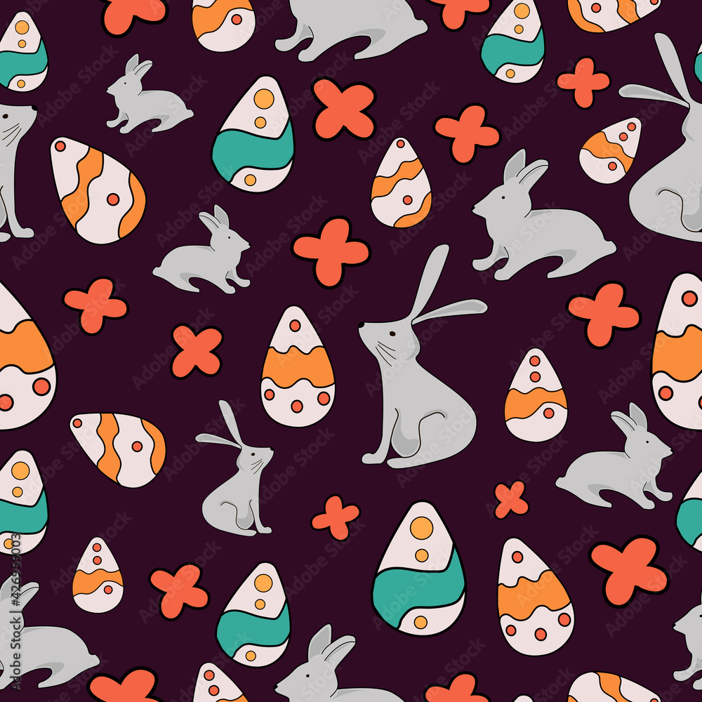seamless easter pattern with hares, flowers and colorful eggs seamless easter pattern with hares, flowers and colorful eggs