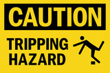 Tripping hazard caution sign. Black on yellow background. Health safety signs and symbols.