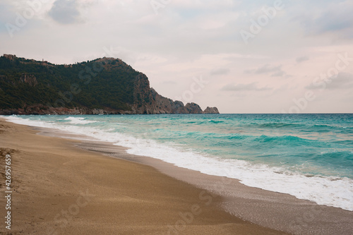 Fototapeta Naklejka Na Ścianę i Meble -  Beautiful sea cost view. Turkey sea costline beach. Sunlight in summer sunny day.