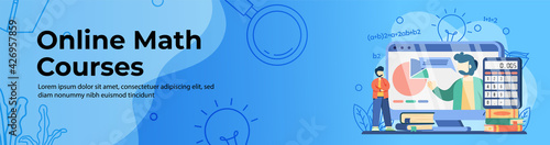 Online Math Courses Web Banner Design. A man Watching online class. Digital Education, E-Learning, Webinar, Online Class header or footer banner.