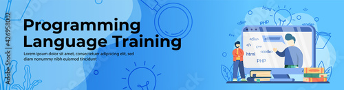 Programming language training Web Banner Design.Student watching mentor on screen. E-Learning, digital education, digital education platform header or footer banner.