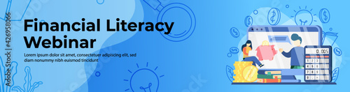 Financial Literacy Webinar Web Banner Design. Student sit on stack of coin watching online webinar. E-Learning, online class, digital education platform header or footer banner.