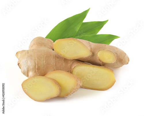 Fresh ginger rhizome,sliced and green leaves isolated on white background,clipping path..