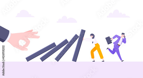 Business resilience or domino effect metaphor vector illustration. Giant hand starts chain reaction of falling domino line and businesswoman trying to stop it. Problem solving stopping chain reaction.