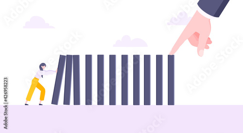 Business resilience or domino effect metaphor vector illustration concept. Adult young businesswoman pushing falling domino line business concept of problem solving and hand stopping chain reaction.