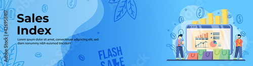 Sales Index Web Banner Design. A man analyzes the forecast sales chart. E-Commerce, Online Shopping header or footer banner.