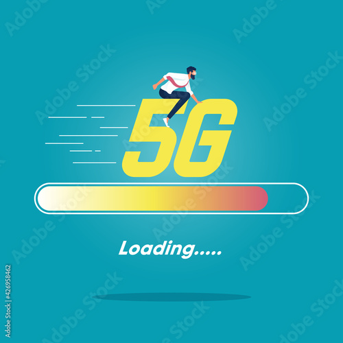 5G wireless network technology concept-Fast speed connection and loading, Businessman riding word 5G on loading status, The concept of loading file at 5G speed on computer or mobile phone