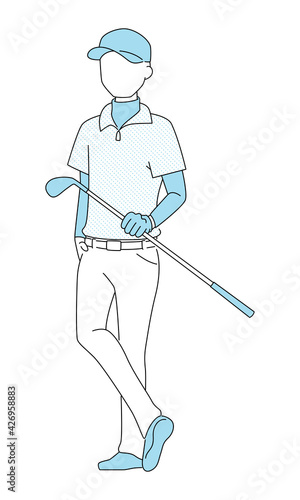 スポーツのゴルフのイラスト。ゴルフクラブを持っている若い男性。