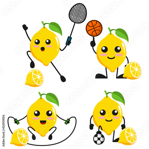 vector illustration of cute lemon fruit sports theme bundle set. cute lemon fruit Concept White Isolated. Flat Cartoon Style Suitable for Landing Page, Banner, flyer, Sticker.