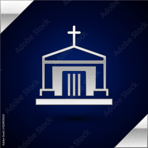 Silver Old crypt icon isolated on dark blue background. Cemetery symbol. Ossuary or crypt for burial of deceased. Vector