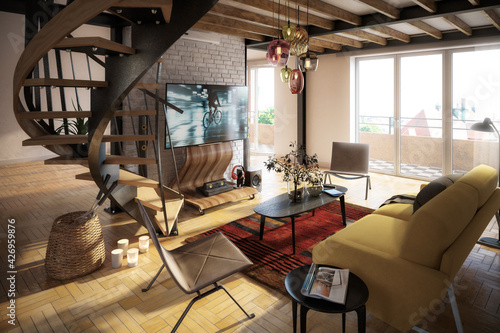 Foto Attic Loft Conversion With Spiral Staircase & Home Cinema (concept) - 3d visuali