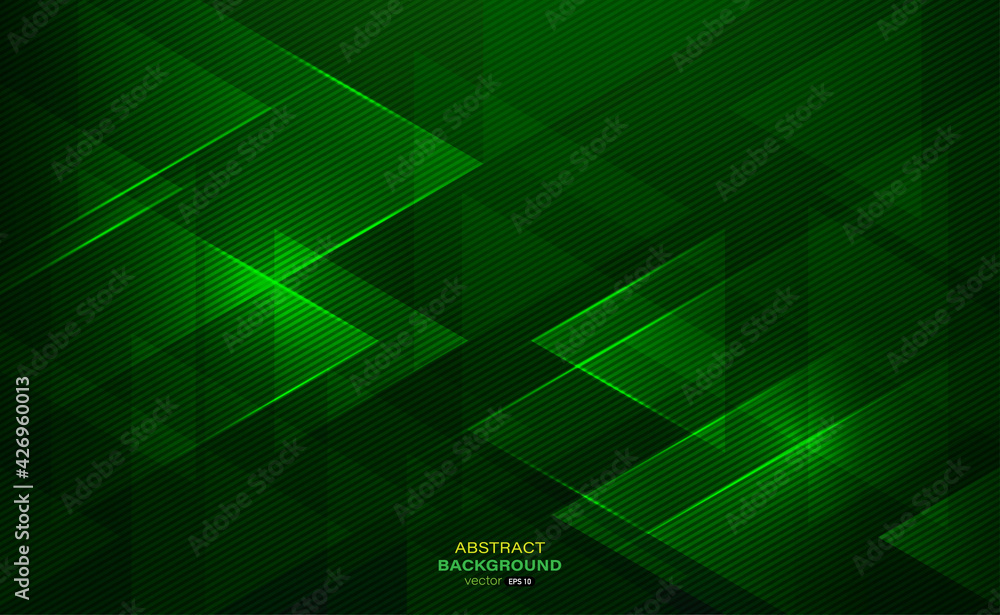 Geometric dark green abstract background. Triangle shapes with lines stripe and light composition. Modern design. Vector illustration Geometric dark green abstract background. Triangle shapes with lines stripe and light composition. Modern design. Vector illustration