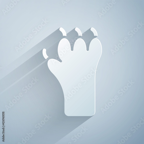 Paper cut Paw print icon isolated on grey background. Dog or cat paw print. Animal track. Paper art style. Vector