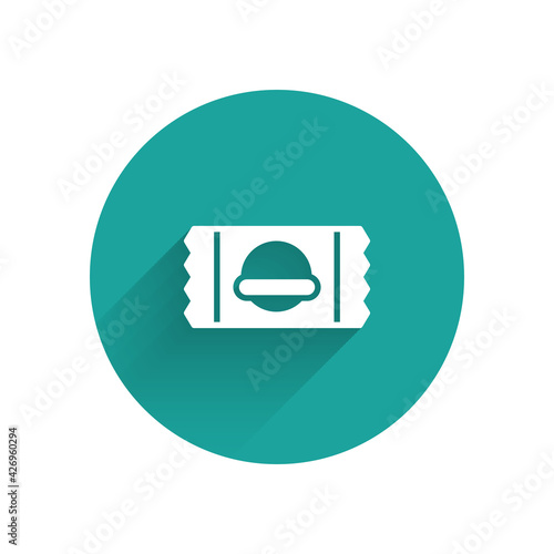 White Sports nutrition bodybuilding proteine power drink and food icon isolated with long shadow. Green circle button. Vector