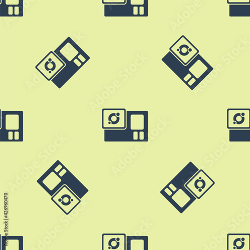 Blue Action extreme camera icon isolated seamless pattern on yellow background. Video camera equipment for filming extreme sports. Vector