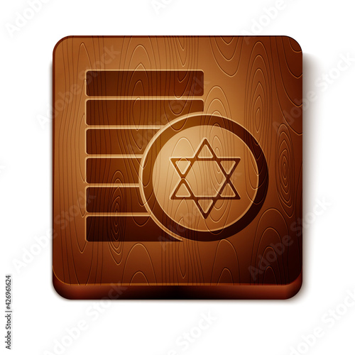 Brown Jewish coin icon isolated on white background. Currency symbol. Wooden square button. Vector