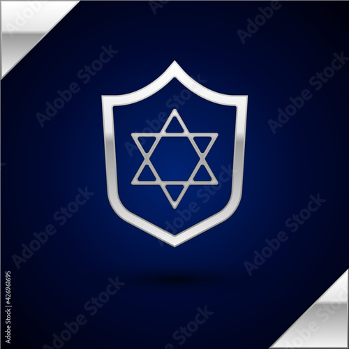 Silver Shield with Star of David icon isolated on dark blue background. Jewish religion symbol. Symbol of Israel. Vector