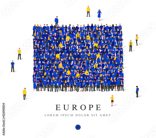 A large group of people are standing in blue and yellow robes, symbolizing the flag of Europe.