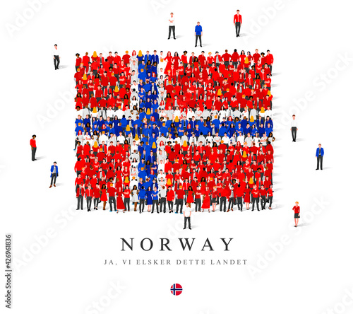 A large group of people are standing in red, white and blue robes, symbolizing the flag of Norway.