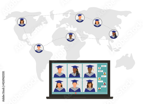 Virtual graduation. Online meeting graduates in graduating clothing in world. Screen laptop, video call. Vector illustration.