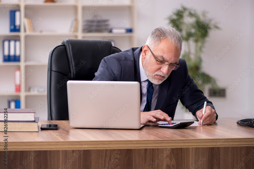 Old male bookkeeper sitting in the office Old male bookkeeper sitting in the office