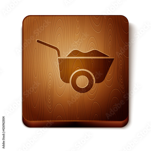 Brown Wheelbarrow icon isolated on white background. Tool equipment. Agriculture cart wheel farm. Wooden square button. Vector