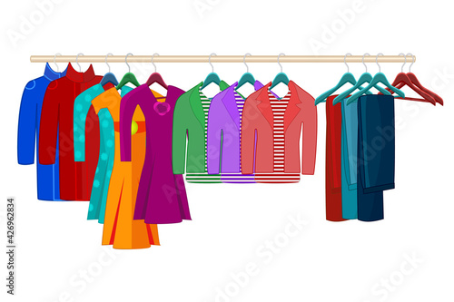 Clothes on hangers isolated on white background. Clothes and accessories fashion set. Seasonal sale concept.Clothing organization or storage.Inner space of closet or wardrobe.Stock vector illustration
