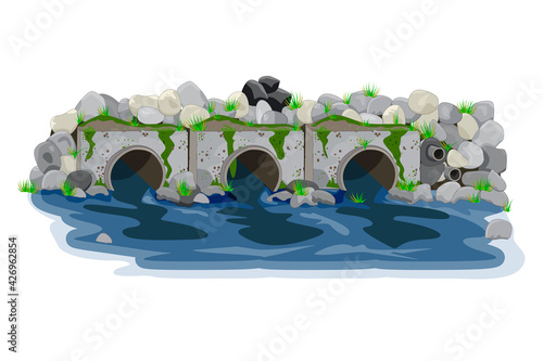 Water pollution from industrial pipes.Three pipes drain the waste water into river,ecological disaster,dirty toxic effluents, environmental pollution. Sewage and pond contamination.Vector illustration