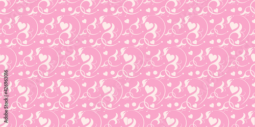 Romantic background pattern with hearts and and and and floral ornaments on a pink background. Great for postcards  covers  wallpapers. Seamless pattern  texture for your design. Vector image