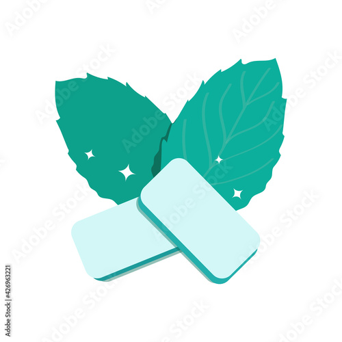 Mint-flavored gum pads. Fresh green mint leaves. Product for fresh breath. Chewing gum for healthy teeth and oral hygiene. Vector illustration isolated on a white background