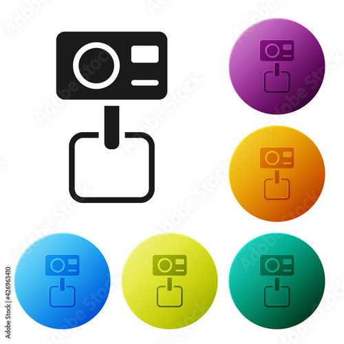 Black Action extreme camera icon isolated on white background. Video camera equipment for filming extreme sports. Set icons in color circle buttons. Vector
