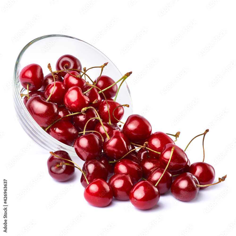 glass bowl of sweet cherry fruits isolated on white background glass bowl of sweet cherry fruits isolated on white background