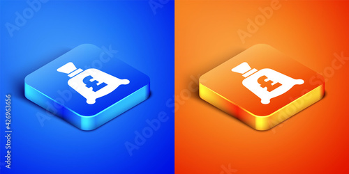 Isometric Coin money with pound sterling symbol icon isolated on blue and orange background. Banking currency sign. Cash symbol. Square button. Vector