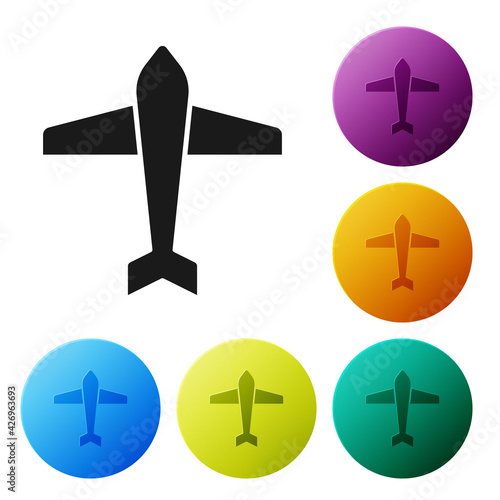 Black Jet fighter icon isolated on white background. Military aircraft. Set icons in color circle buttons. Vector