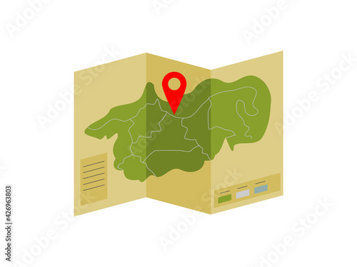 Old map color icon with map marker. Outdoor map with nature, paths and legend. Foldable Paper map with a red pin. Navigation concept. Location symbol with pin pointer. Vector illustration, clip art