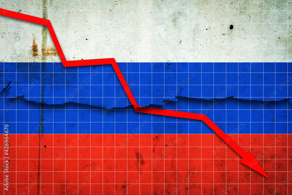 Fototapeta premium Fall of the Russia Economy. Recession graph with a red arrow on the Russia flag. Economic decline. Decline in the economy of stock trading. Downward trends in the economy.