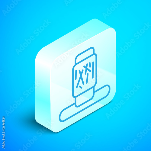 Isometric line Cat scratching post with toy icon isolated on blue background. Silver square button. Vector