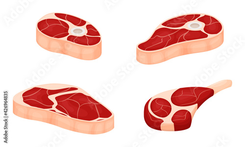 A set of pieces of raw meat with layers of fat. Knuckle with bone, shoulder blade, fillet. Fresh meat ingredients. Flat cartoon vector illustration isolated on a white background.