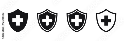 Immune system icon. Medical cross in the shield. Vector