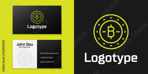 Logotype line Cryptocurrency coin Bitcoin icon isolated on black background. Physical bit coin. Blockchain based secure crypto currency. Logo design template element. Vector