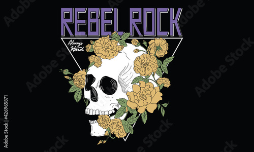 skulls with flower rock band poster deign. rock and roll vector design for t-shirt. rock and roll vintage logo design