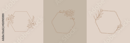 Wildflower Wedding Wreath Hexagon Frame line art style, Vector illustration design for invite card, invitation wedding, cosmetic and logo template, floral frame with copy space for text or letter