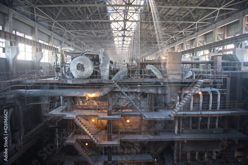 Petropavlovsk  Kazakhstan - 05.26.2015   The territory of the power plant with large industrial compartments for turbine generators and pipes.
