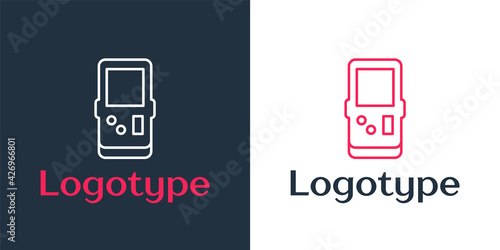 Logotype line Portable tetris electronic game icon isolated on white background. Vintage style pocket brick game. Interactive playing device. Logo design template element. Vector