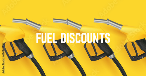 Filling gun. gas refueling nozzle 3d render, yellow gadgets in line for fuel discount campaign on bright yellow backdrop