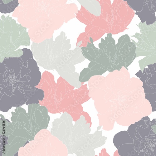 Seamless pattern with line green, pink, grey tulips flowers silhouette on white background. © Iuliia