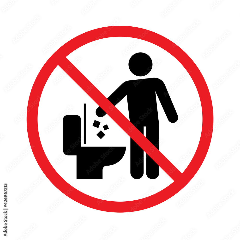 Do not litter in toilet icon, Keep clean sign, Throw garbage in a bin