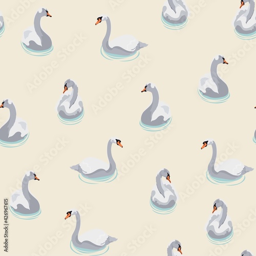 Beautiful seamless pattern with white swans on yellow background illustration. © Iuliia